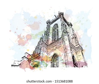 Building view with landmark of Colmar is a town in the Grand Est region of northeastern France. Watercolor splash with Hand drawn sketch illustration in vector.