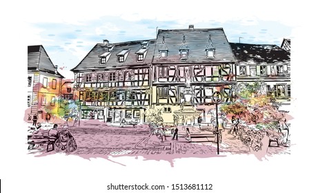 Building view with landmark of Colmar is a town in the Grand Est region of northeastern France. Watercolor splash with Hand drawn sketch illustration in vector.