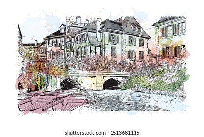 Building view with landmark of Colmar is a town in the Grand Est region of northeastern France. Watercolor splash with Hand drawn sketch illustration in vector.