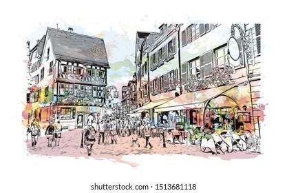 Building view with landmark of Colmar is a town in the Grand Est region of northeastern France. Watercolor splash with Hand drawn sketch illustration in vector.