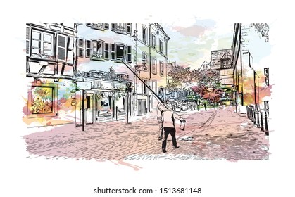 Building view with landmark of Colmar is a town in the Grand Est region of northeastern France. Watercolor splash with Hand drawn sketch illustration in vector.