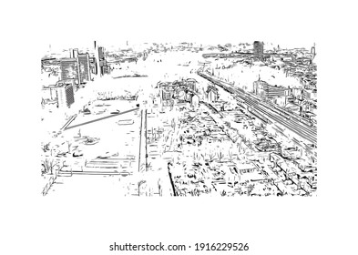 Building view with landmark of Cologne is the
city in Germany. Hand drawn sketch illustration in vector.