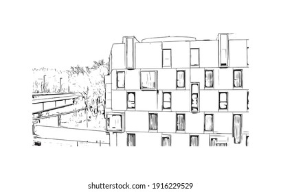 La vista de la construcción con el punto de referencia de Colonia es el
ciudad de Alemania. Dibujo a mano de ilustración de esbozo en vector.