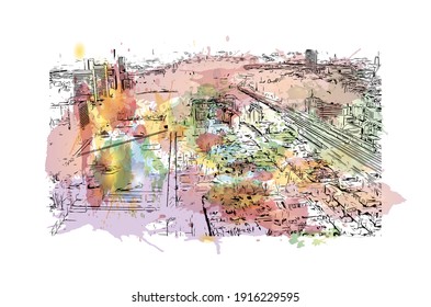 Building view with landmark of Cologne is the
city in Germany. Watercolour splash with hand drawn sketch illustration in vector.