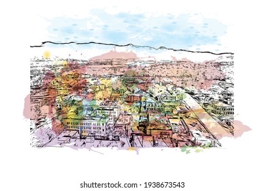 La vista de edificios con el punto de referencia de Colorado Springs es la 
municipalidad de Colorado. Salto de color de agua con ilustración de esbozo dibujada a mano en vector.