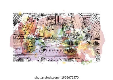 Building view with landmark of Colorado Springs is the 
municipality in Colorado. Watercolour splash with hand drawn sketch illustration in vector.