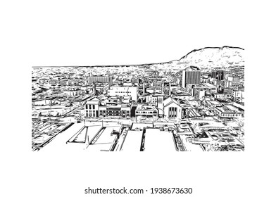 Building view with landmark of Colorado Springs is the 
municipality in Colorado. Hand drawn sketch illustration in vector.