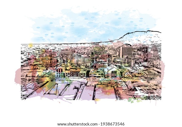 Building view with landmark of Colorado Springs\
is the \
municipality in Colorado. Watercolour splash with hand\
drawn sketch illustration in\
vector.