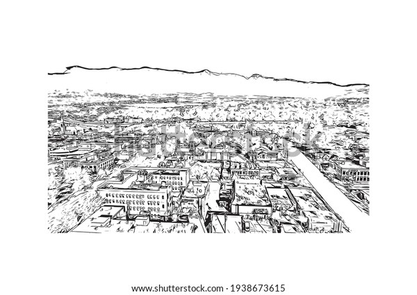 Building view with landmark of Colorado Springs\
is the \
municipality in Colorado. Hand drawn sketch illustration\
in vector.