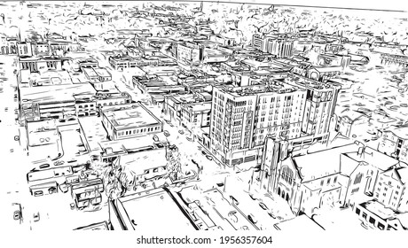 Building view with landmark of Columbia is a city in central Missouri. Hand drawn sketch illustration in vector.