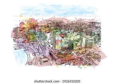 Building view with landmark of Columbus is the
city in Ohio. Watercolour splash with hand drawn sketch illustration in vector.