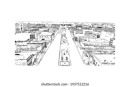Building view with landmark of Columbus is a city in western Georgia. Hand drawn sketch illustration in vector.
