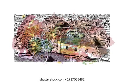 Construir vistas con un punto de referencia de Comitan es el
ciudad de México. Salto de color de agua con ilustración de esbozo dibujada a mano en vector.