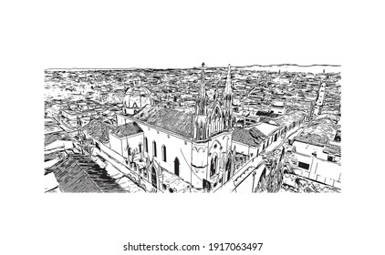 Building view with landmark of Comitan is the
city in Mexico. Hand drawn sketch illustration in vector.
