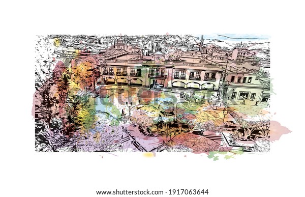 Building view with landmark of Comitan is
the
city in Mexico. Watercolour splash with hand drawn sketch
illustration in
vector.