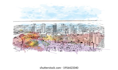 La vista de edificio con un punto de referencia de Comodoro Rivadavia es 
ciudad de Argentina. Salto de color de agua con ilustración de esbozo dibujada a mano en vector.