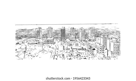 La vista de edificio con un punto de referencia de Comodoro Rivadavia es 
ciudad de Argentina. Dibujo a mano de ilustración de esbozo en vector.