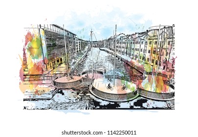 Building view with landmark of Copenhagen, Capital of Denmark. Watercolor splash with hand drawn sketch illustration in vector.