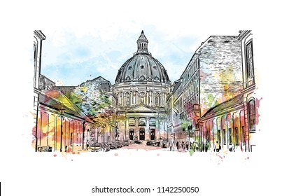 Building view with landmark of Copenhagen, Capital of Denmark. Watercolor splash with hand drawn sketch illustration in vector.