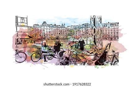 Building view with landmark of Copenhagen is the
capital of Denmark. Watercolour splash with hand drawn sketch illustration in vector.