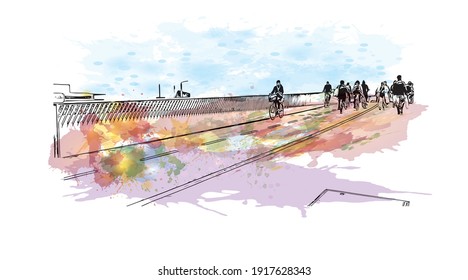 Building view with landmark of Copenhagen is the
capital of Denmark. Watercolour splash with hand drawn sketch illustration in vector.