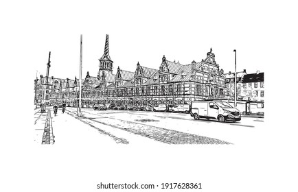Building view with landmark of Copenhagen is the
capital of Denmark. Hand drawn sketch illustration in vector.