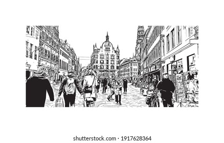 Building view with landmark of Copenhagen is the
capital of Denmark. Hand drawn sketch illustration in vector.