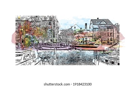 Building view with landmark of Copenhagen is the
capital of Denmark. Watercolour splash with hand drawn sketch illustration in vector.