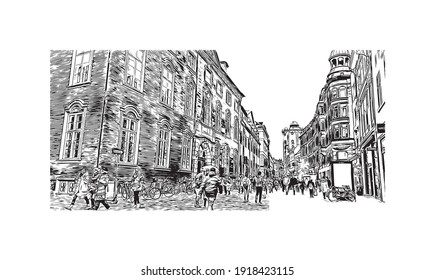 Building view with landmark of Copenhagen is the
capital of Denmark. Hand drawn sketch illustration in vector.