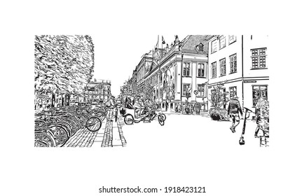 Building view with landmark of Copenhagen is the
capital of Denmark. Hand drawn sketch illustration in vector.