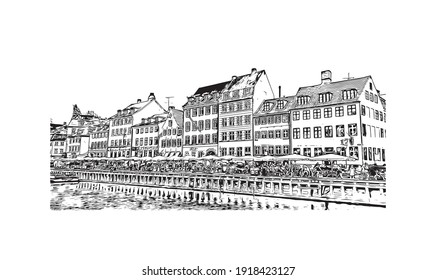 Building view with landmark of Copenhagen is the
capital of Denmark. Hand drawn sketch illustration in vector.