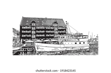 Building view with landmark of Copenhagen is the
capital of Denmark. Hand drawn sketch illustration in vector.