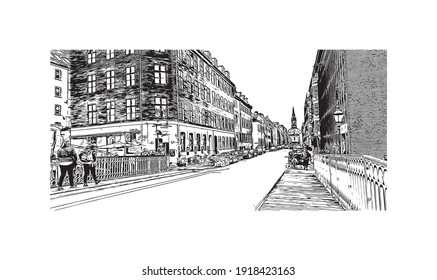 Building view with landmark of Copenhagen is the
capital of Denmark. Hand drawn sketch illustration in vector.