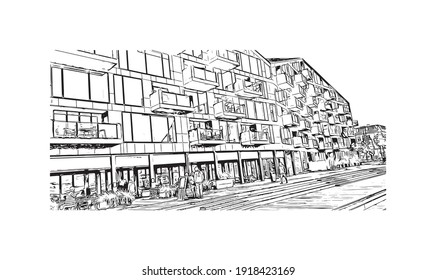 Building view with landmark of Copenhagen is the
capital of Denmark. Hand drawn sketch illustration in vector.