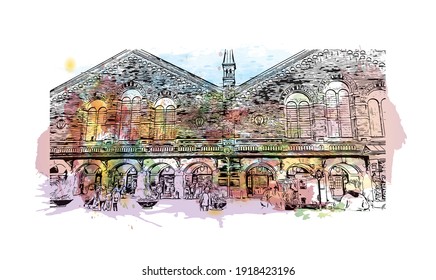 Building view with landmark of Copenhagen is the
capital of Denmark. Watercolour splash with hand drawn sketch illustration in vector.