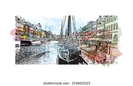 Building view with landmark of Copenhagen is the
capital of Denmark. Watercolour splash with hand drawn sketch illustration in vector.