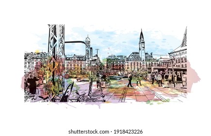 Building view with landmark of Copenhagen is the
capital of Denmark. Watercolour splash with hand drawn sketch illustration in vector.