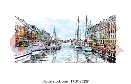 Building view with landmark of Copenhagen is the
capital of Denmark. Watercolour splash with hand drawn sketch illustration in vector.