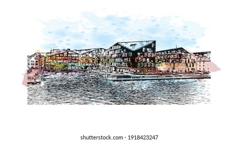 Building view with landmark of Copenhagen is the
capital of Denmark. Watercolour splash with hand drawn sketch illustration in vector.
