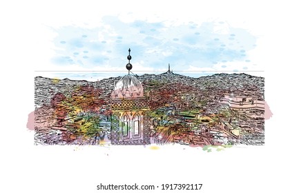 Building view with landmark of Coquimbo is the
city in Chile. Watercolour splash with hand drawn sketch illustration in vector.