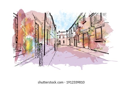 Building view with landmark of Cork is the second largest city in Ireland. Watercolor splash with hand drawn sketch illustration in vector.
