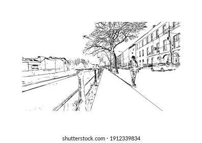 Building view with landmark of Cork is the second largest city in Ireland. Hand drawn sketch illustration in vector.