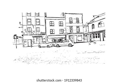 Building view with landmark of Cork is the second largest city in Ireland. Hand drawn sketch illustration in vector.