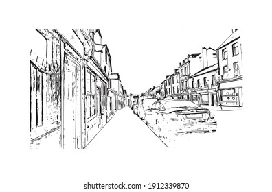 Building view with landmark of Cork is the second largest city in Ireland. Hand drawn sketch illustration in vector.