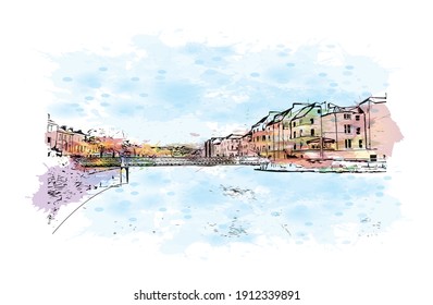 La vista de edificios con monumentos de Cork es la segunda ciudad más grande de Irlanda. Salto de color de agua con ilustración de esbozo dibujada a mano en vector.
