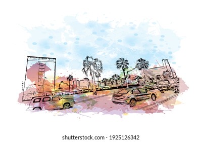 Construir vista con un punto de referencia de Corpus Christi es el
ciudad de Texas. Salto de color de agua con ilustración de esbozo dibujada a mano en vector.