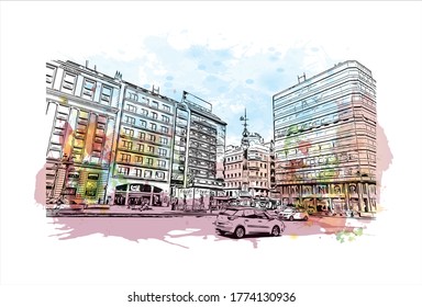 Building view with landmark of A Coruna is a port city on a promontory in the Galicia region of northwest Spain .Watercolor splash with hand drawn sketch illustration in vector.