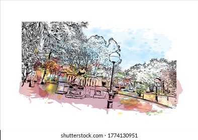 Building view with landmark of A Coruna is a port city on a promontory in the Galicia region of northwest Spain .Watercolor splash with hand drawn sketch illustration in vector.