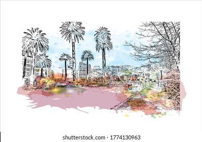 Building view with landmark of A Coruna is a port city on a promontory in the Galicia region of northwest Spain .Watercolor splash with hand drawn sketch illustration in vector.