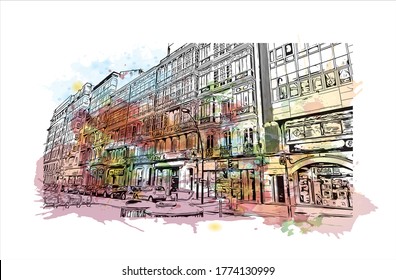 Building view with landmark of A Coruna is a port city on a promontory in the Galicia region of northwest Spain .Watercolor splash with hand drawn sketch illustration in vector.